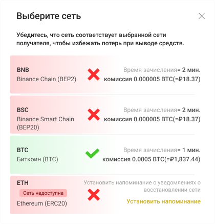 Пример на Bitcoin: сети Bitcoin, ERC20 поддерживаются, BEP20, BEP2 - нет